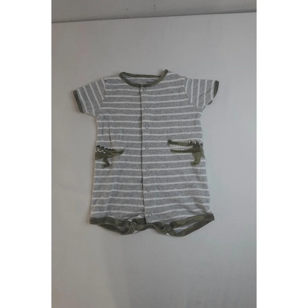 Carter's Baby‎ Romper 12M Gray Striped Alligator Snap Up Bodysuit Unisex Cute